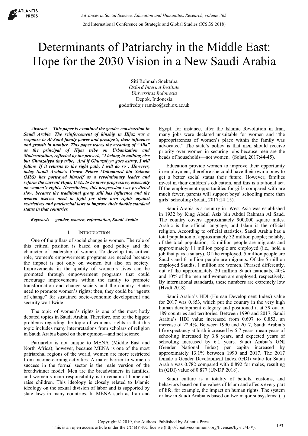 Determinants of Patriarchy in the Middle East: Hope for the 2030 Vision in a New Saudi Arabia