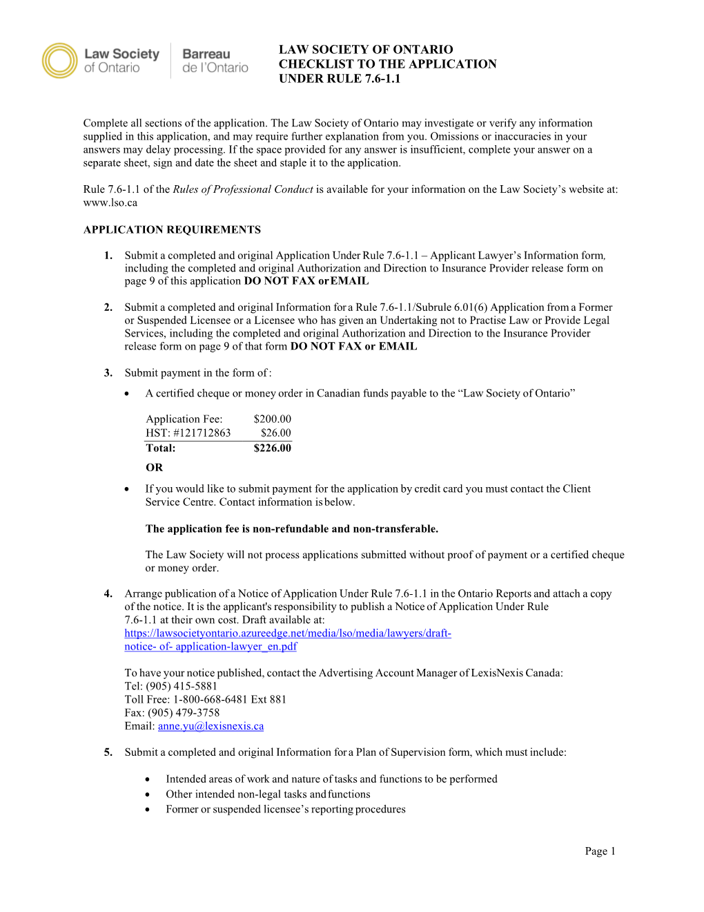 Law Society of Ontario Checklist to the Application Under Rule 7.6-1.1