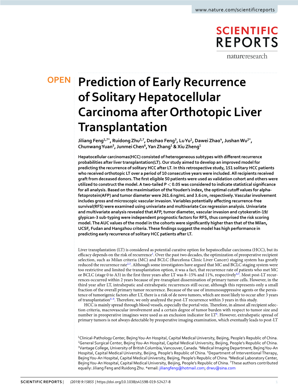 Prediction of Early Recurrence of Solitary Hepatocellular Carcinoma