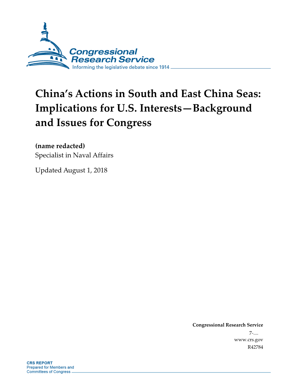 China's Actions in South and East China Seas: Implications for U.S