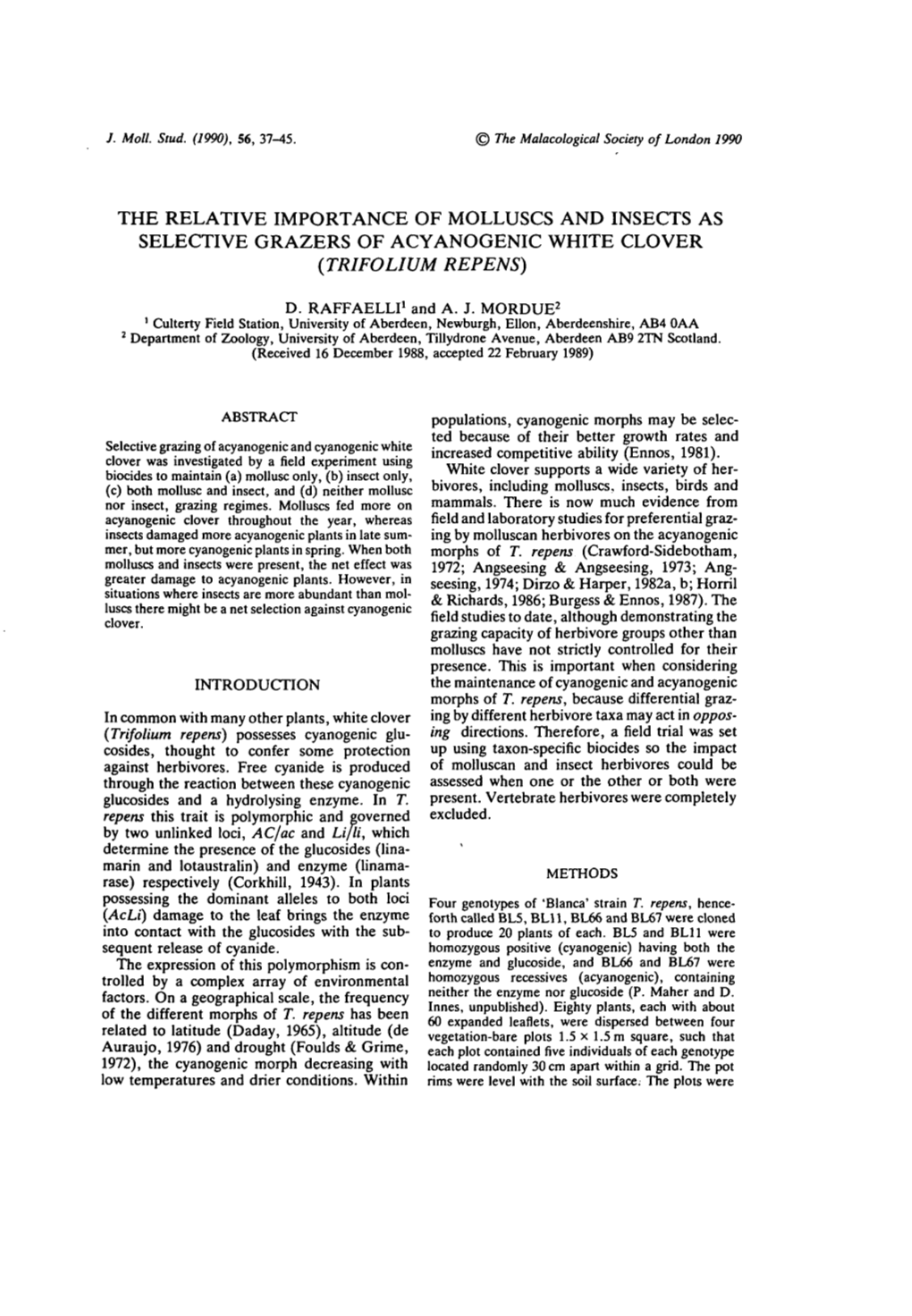 The Relative Importance of Molluscs and Insects As Selective Grazers of Acyanogenic White Clover (Trifolium Repens)