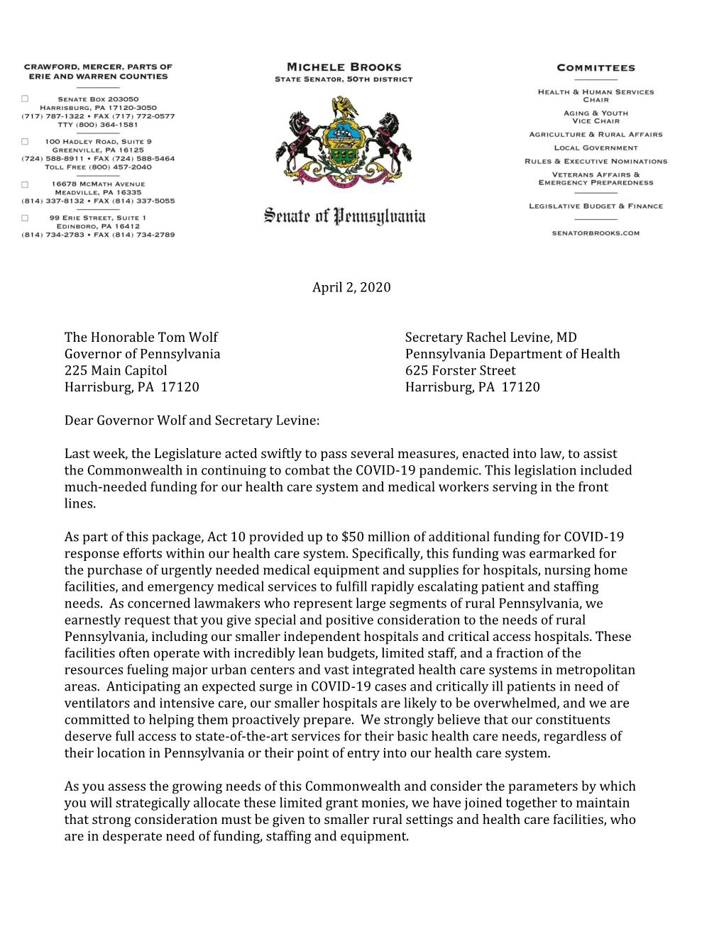 Letter to Gov. Wolf and Secretary Levine