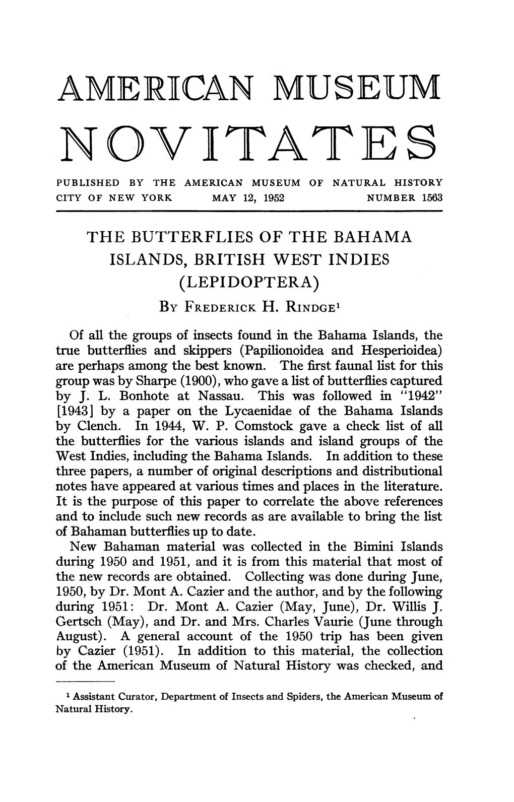 Novyitates Published by the American Museum of Natural History City of New York May 12, 1952 Number 1563