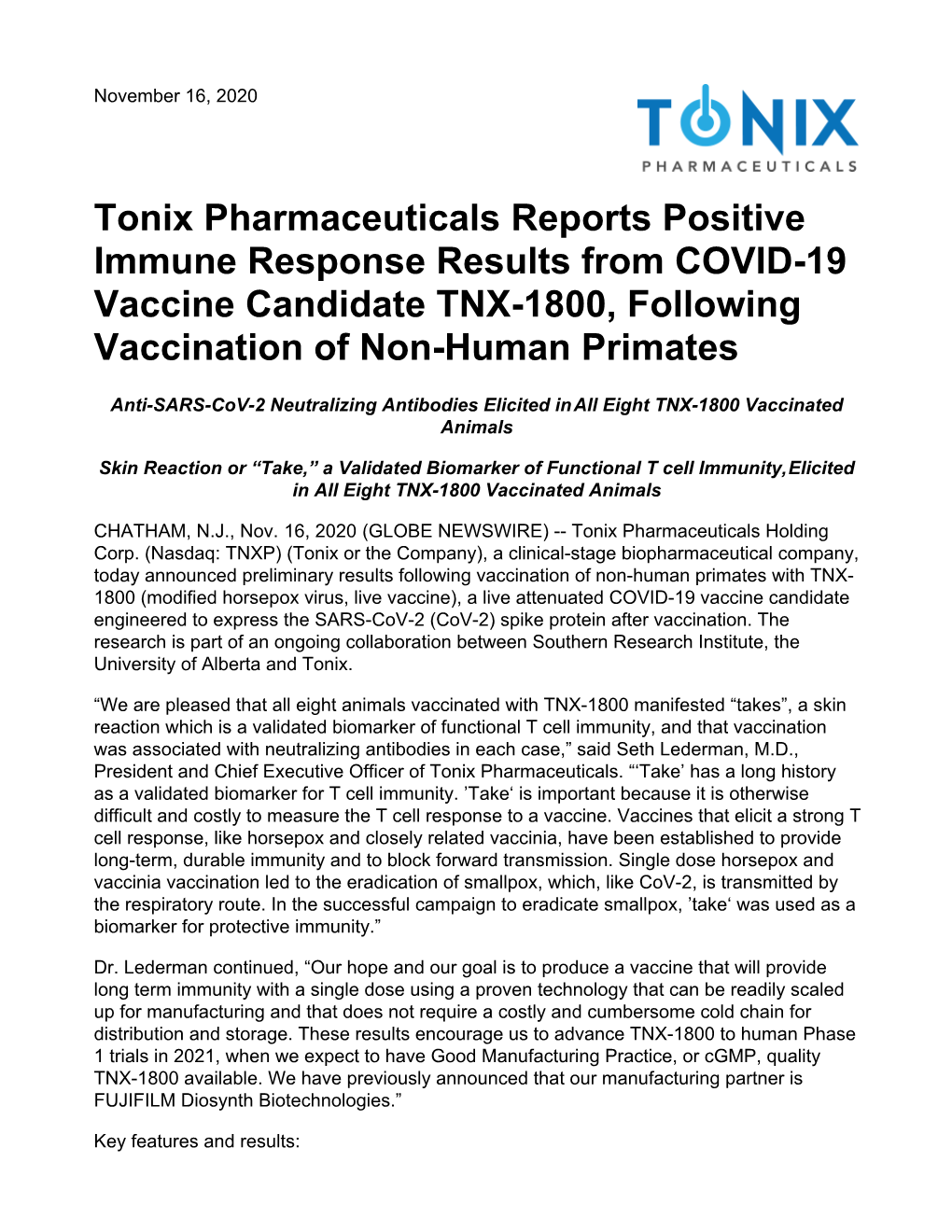 Southern Research, Tonix Pharmaceuticals, and Others