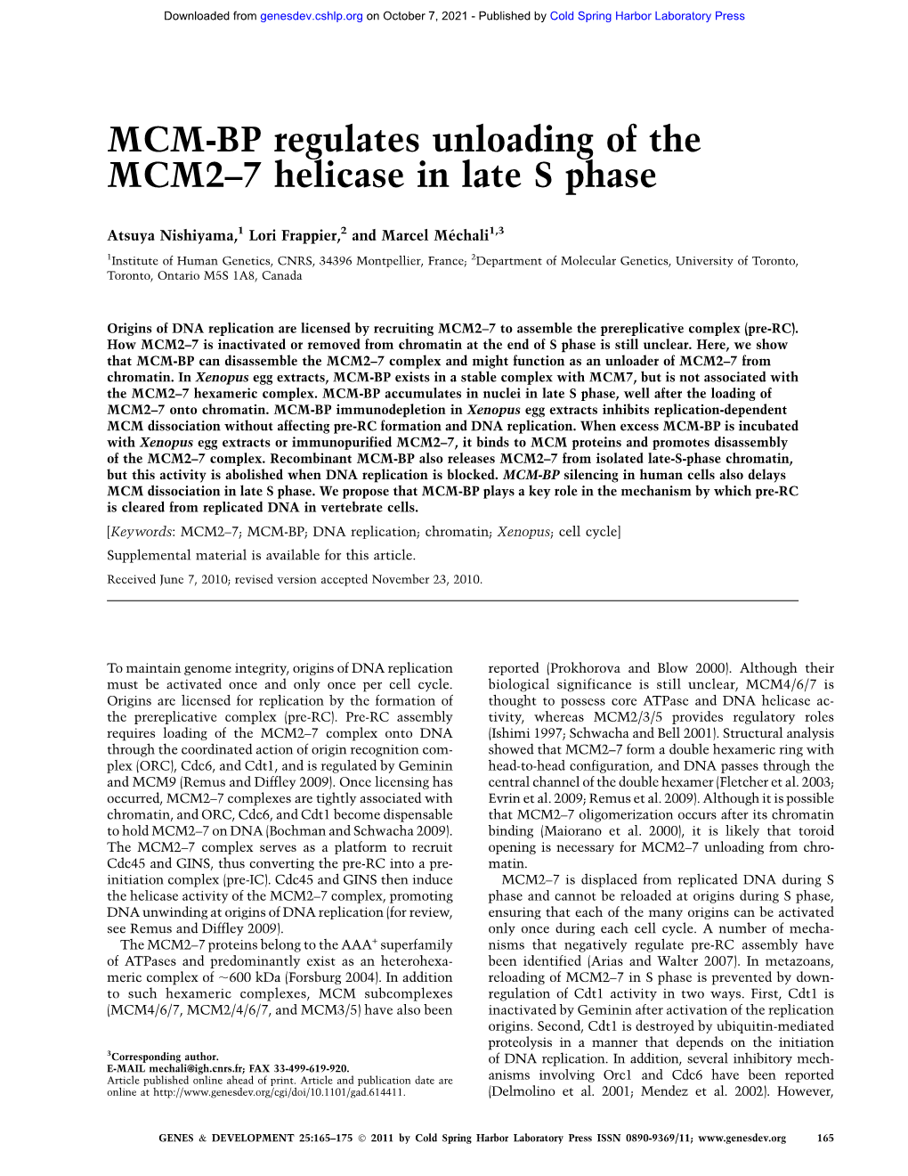 MCM-BP Regulates Unloading of the MCM2–7 Helicase in Late S Phase