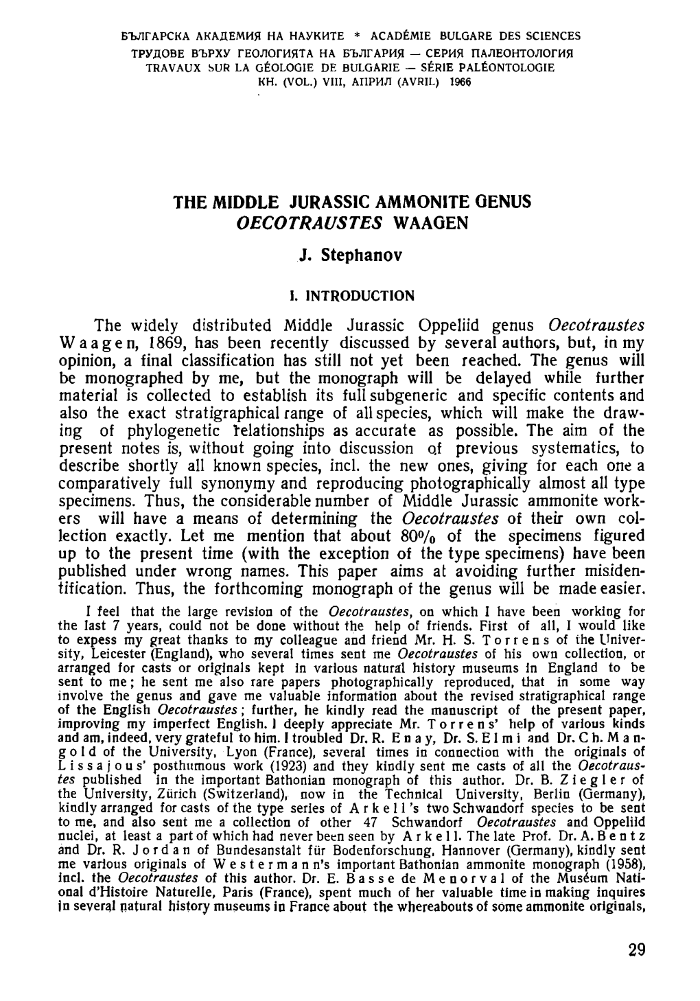 The Middle Jurassic Ammonite Genus Oecotraustes Waagen J