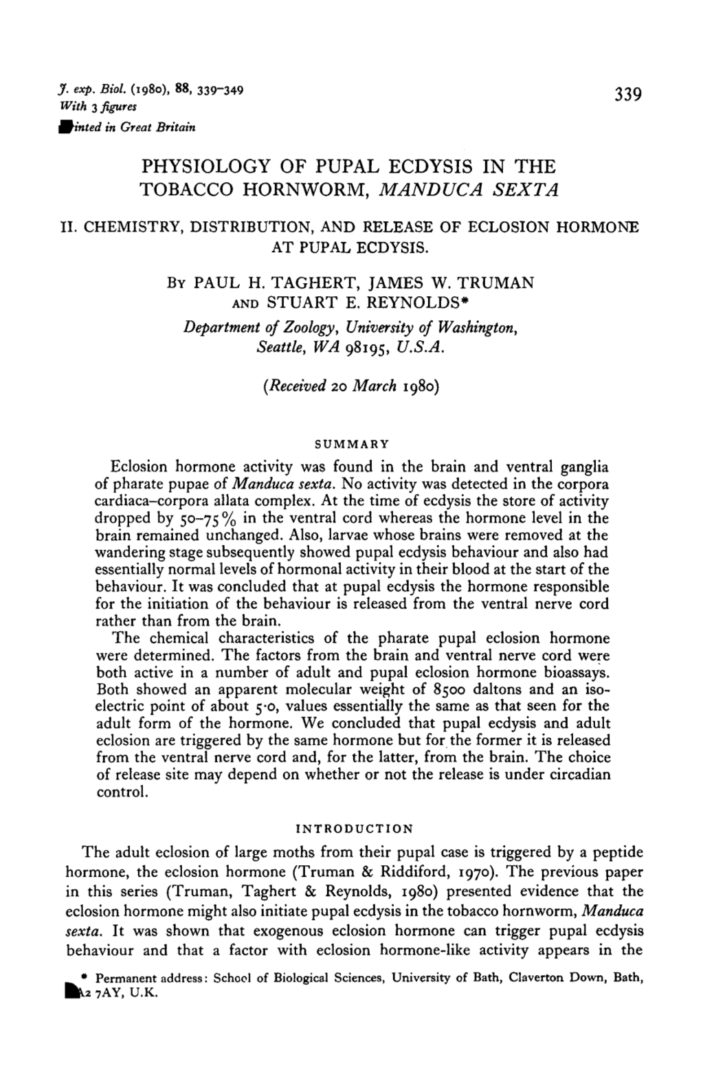 Physiology of Pupal Ecdysis in the Tobacco Hornworm, Manduca Sexta