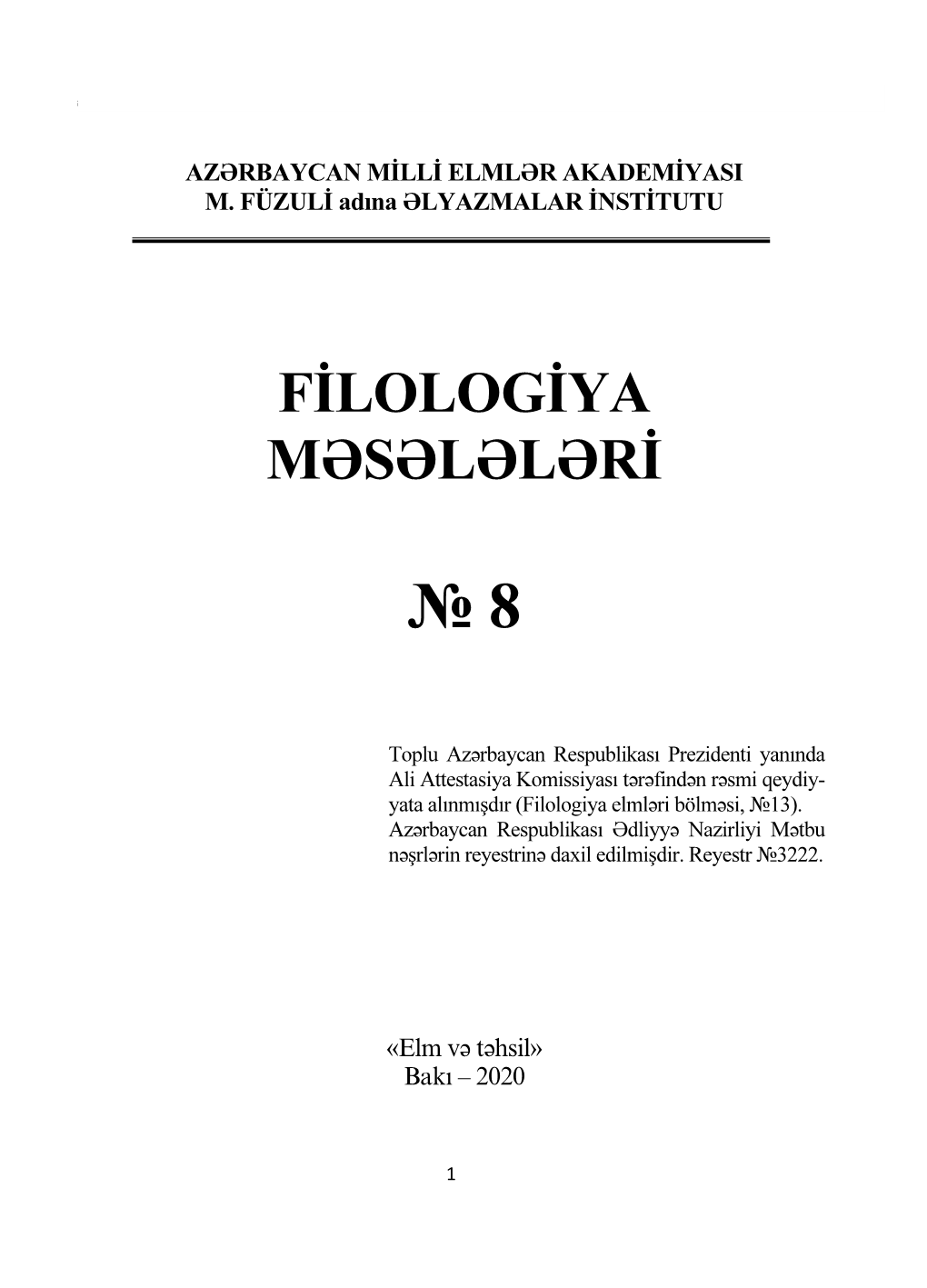 Filologiya Məsələləri, № 8, 2020