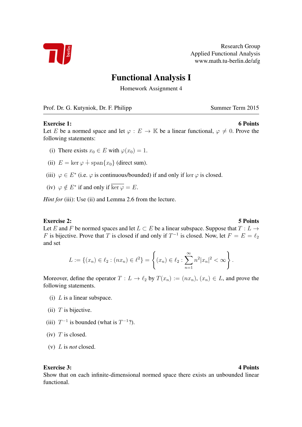 Functional Analysis I Homework Assignment 4