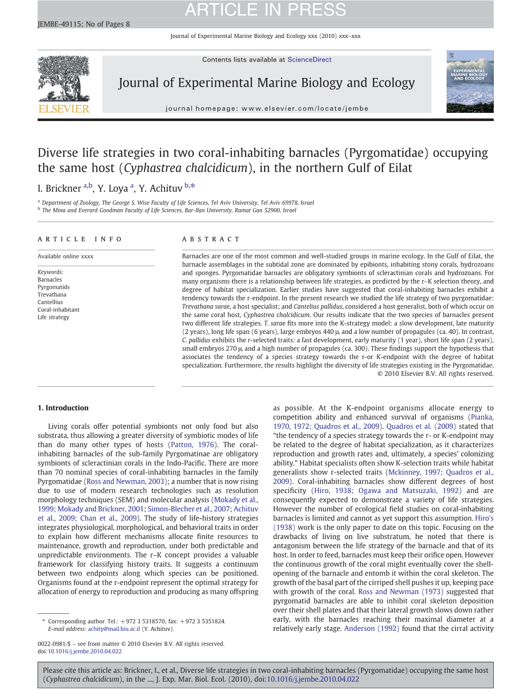 Diverse Life Strategies in Two Coral-Inhabiting Barnacles (Pyrgomatidae) Occupying the Same Host (Cyphastrea Chalcidicum), in the Northern Gulf of Eilat