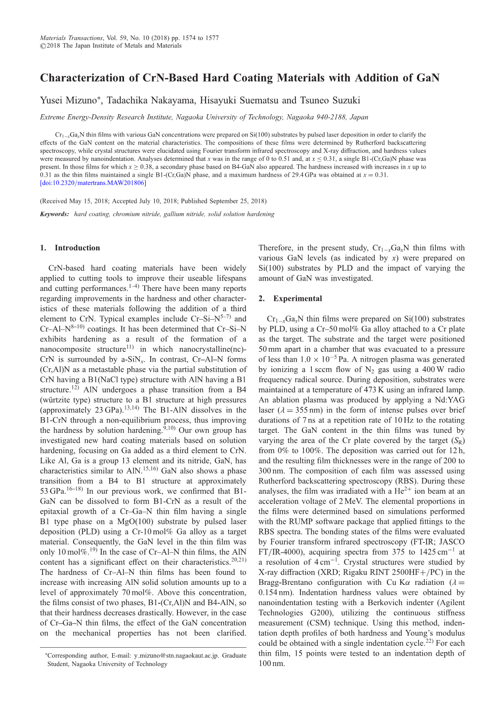 Characterization of Crn-Based Hard Coating Materials with Addition of Gan