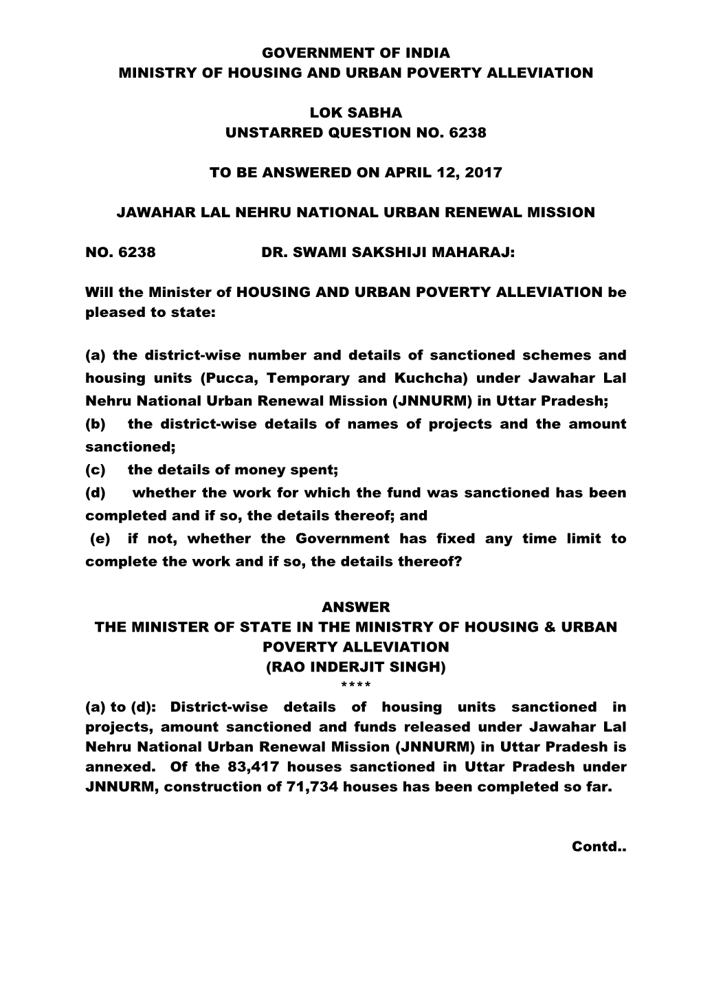 Government of India Ministry of Housing and Urban Poverty Alleviation
