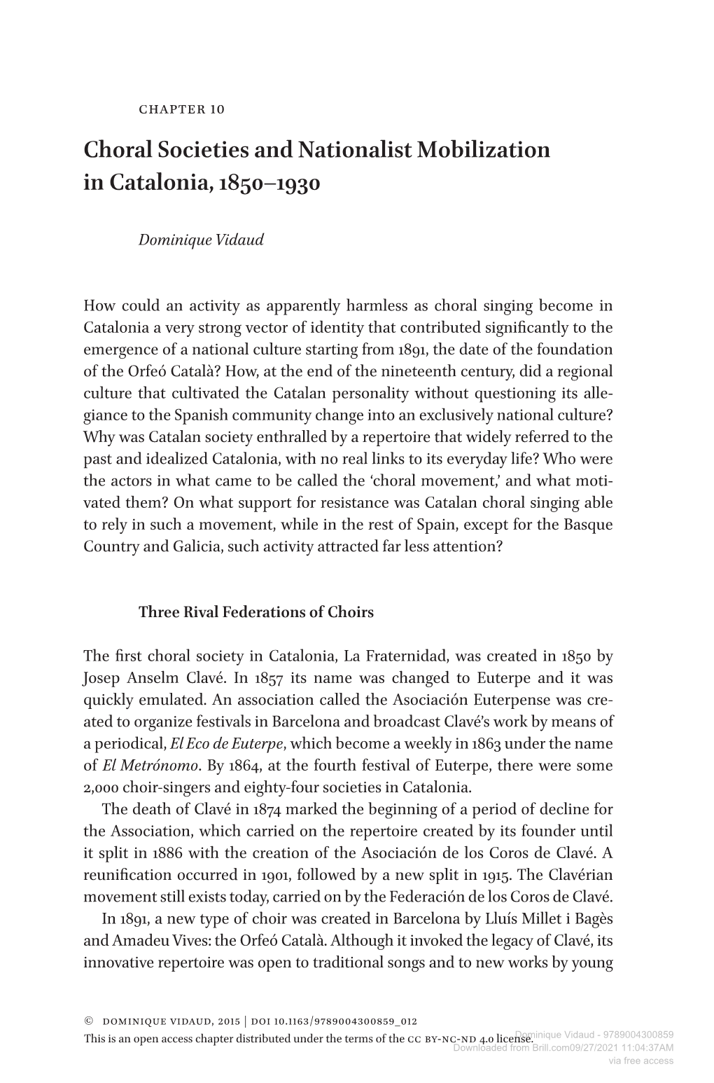 Choral Societies and Nationalist Mobilization in Catalonia, 1850–1930