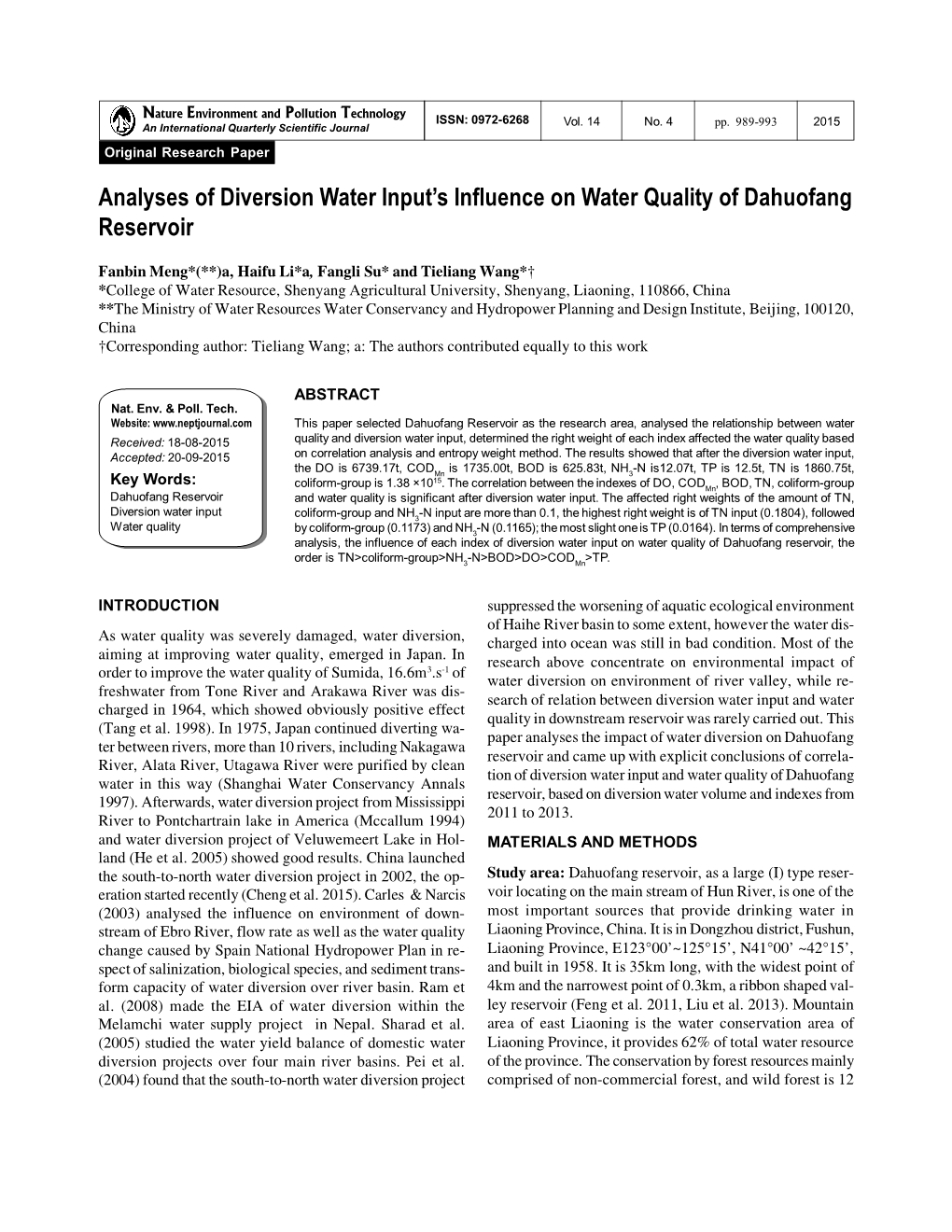 Analyses of Diversion Water Input's Influence on Water Quality Of