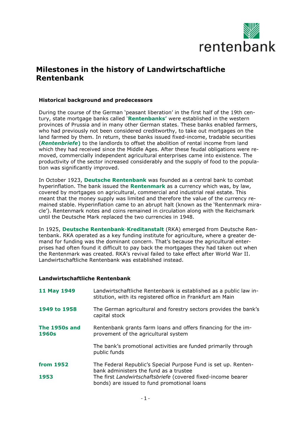 Milestones in the History of Landwirtschaftliche Rentenbank