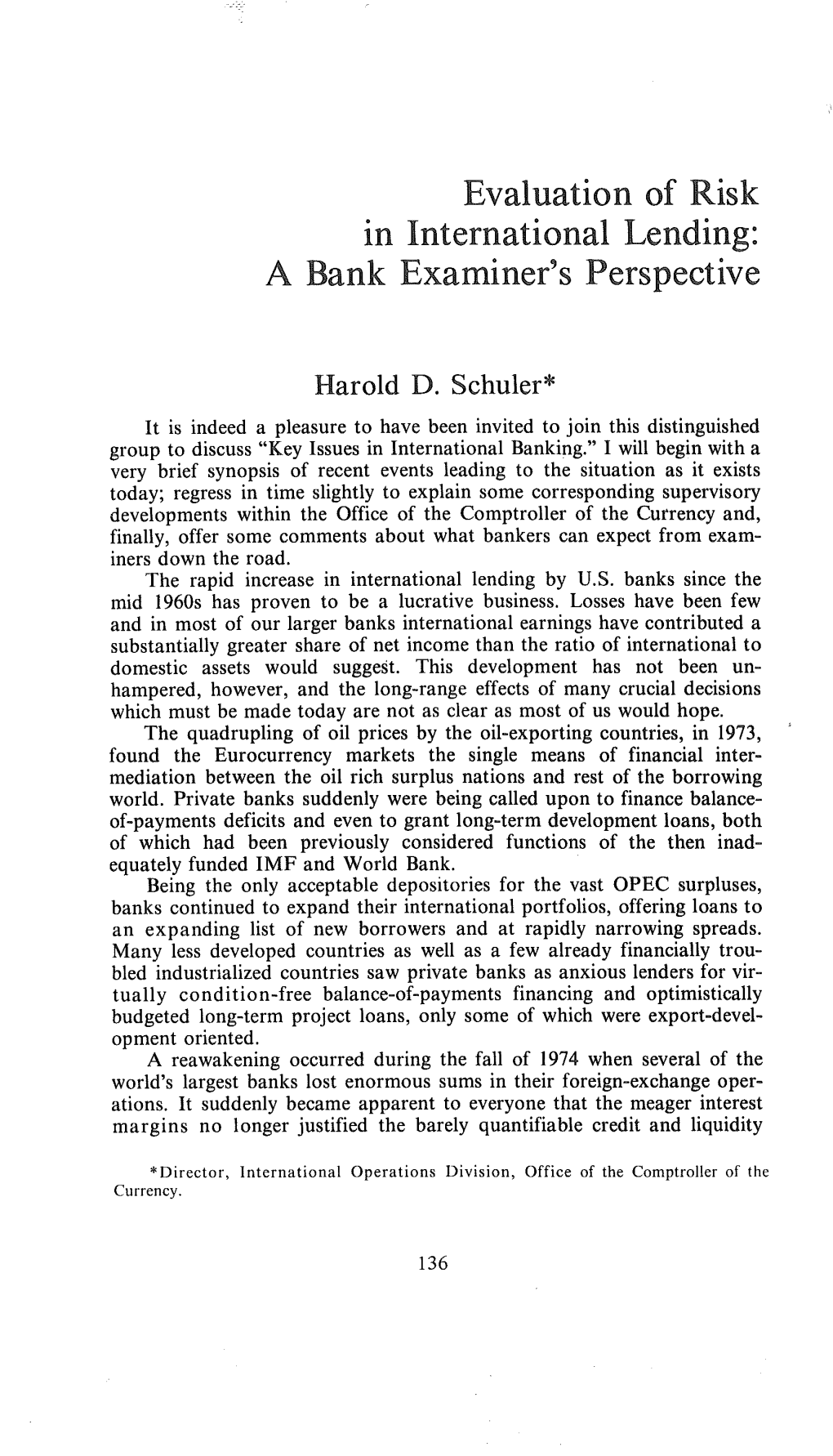 Evaluation of Risk in International Lending: a Bank Examiner's