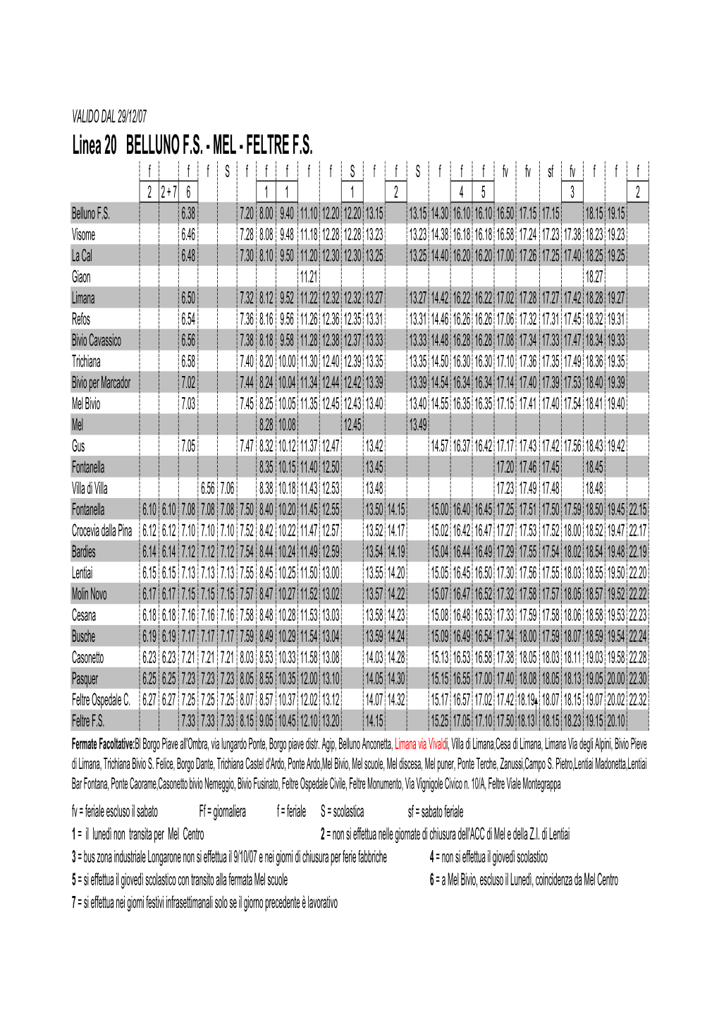 Linea 20 BELLUNO F.S. - MEL - FELTRE F.S