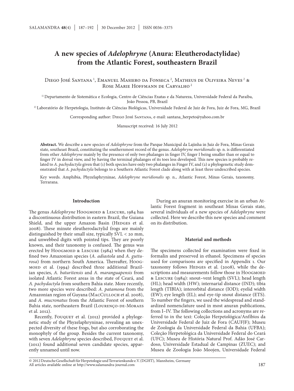 A New Species of Adelophryne (Anura: Eleutherodactylidae) from the Atlantic Forest, Southeastern Brazil