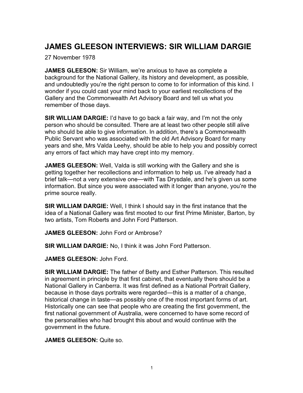 JAMES GLEESON INTERVIEWS: SIR WILLIAM DARGIE 27 November 1978