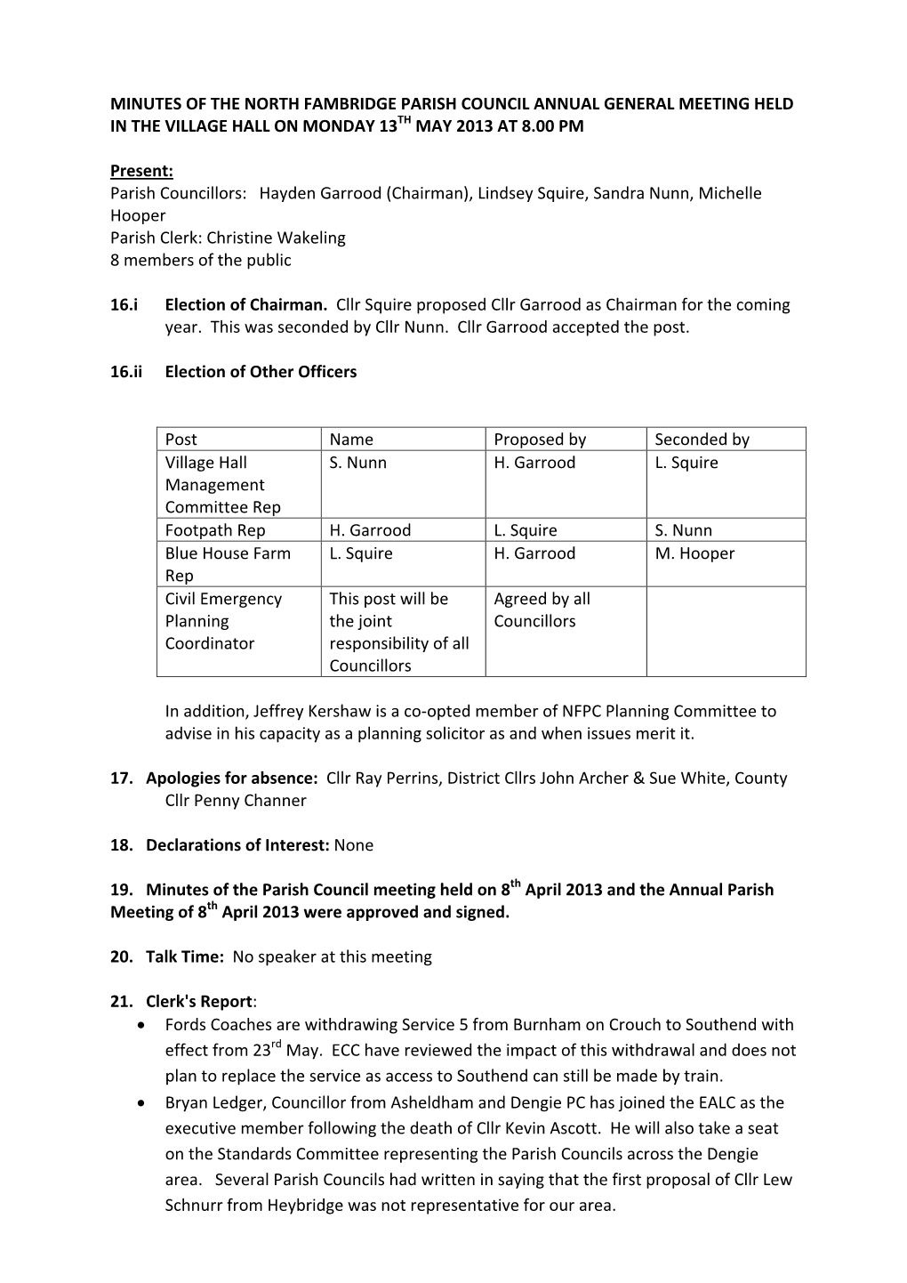 Minutes of the North Fambridge Parish Council Annual General Meeting Held in the Village Hall on Monday 13Th May 2013 at 8.00 Pm