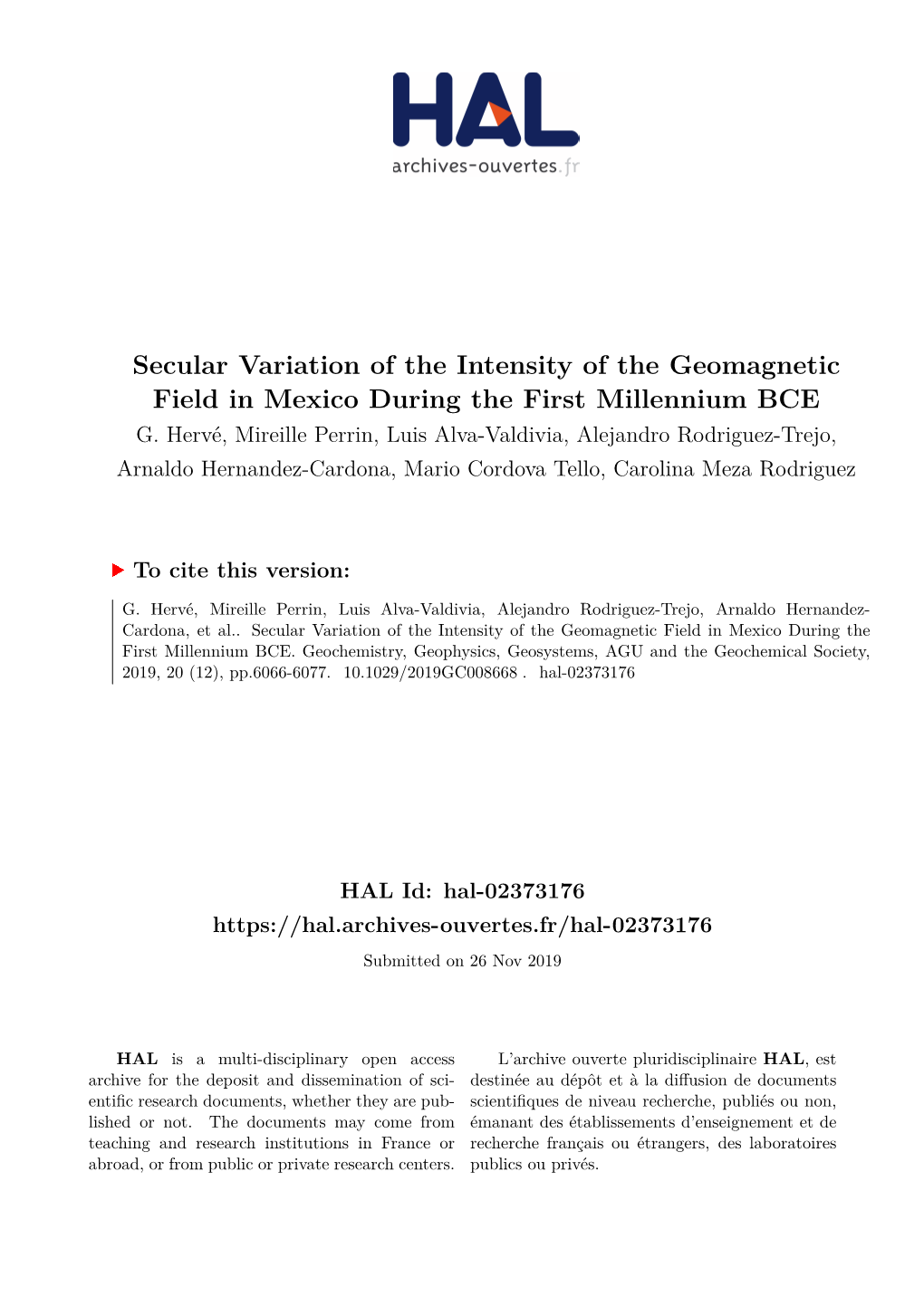 Secular Variation of the Intensity of the Geomagnetic Field in Mexico During the First Millennium BCE G