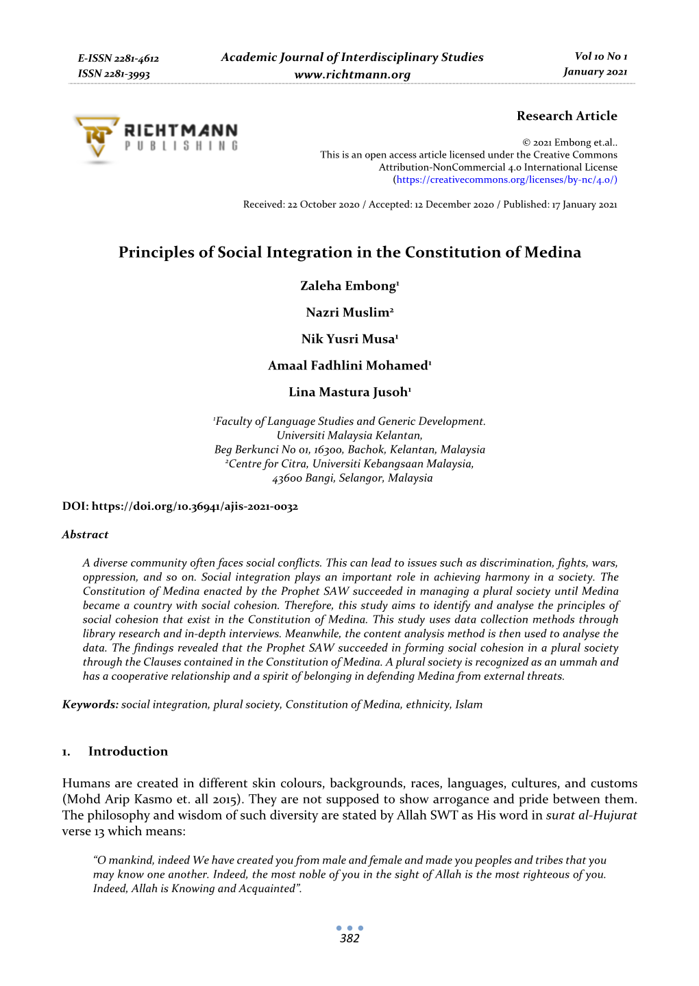 Principles of Social Integration in the Constitution of Medina