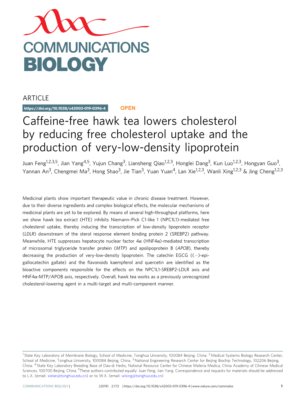 Caffeine-Free Hawk Tea Lowers Cholesterol by Reducing Free Cholesterol Uptake and the Production of Very-Low-Density Lipoprotein