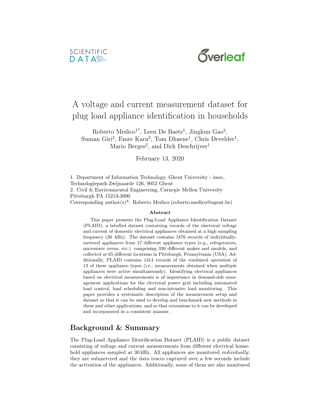 A Voltage and Current Measurement Dataset for Plug Load Appliance Identiﬁcation in Households