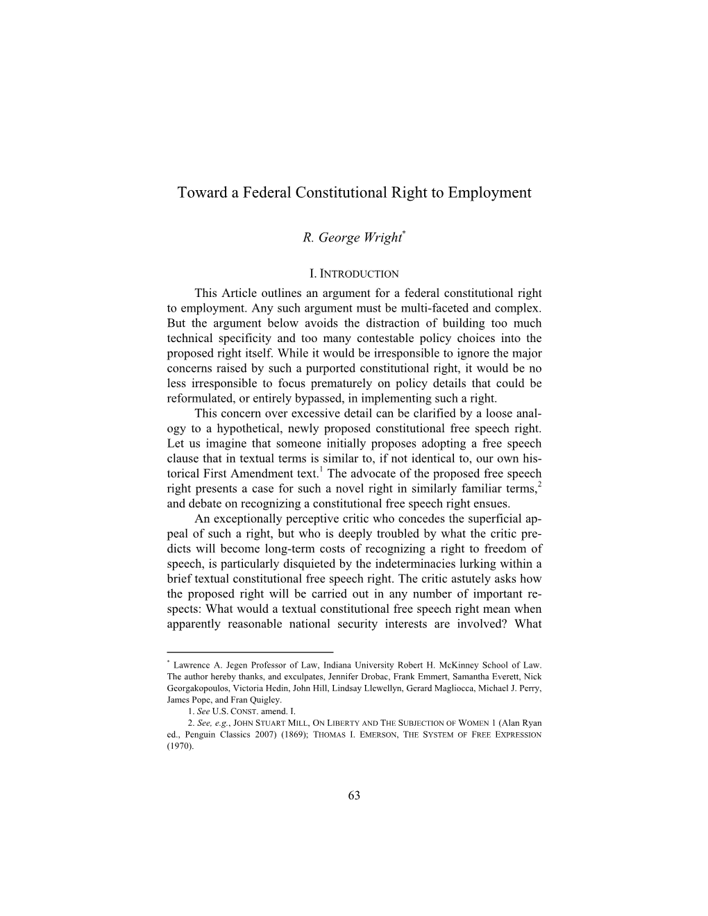 Toward a Federal Constitutional Right to Employment