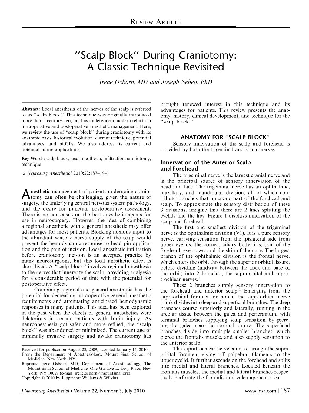 ''Scalp Block'' During Craniotomy: a Classic Technique Revisited