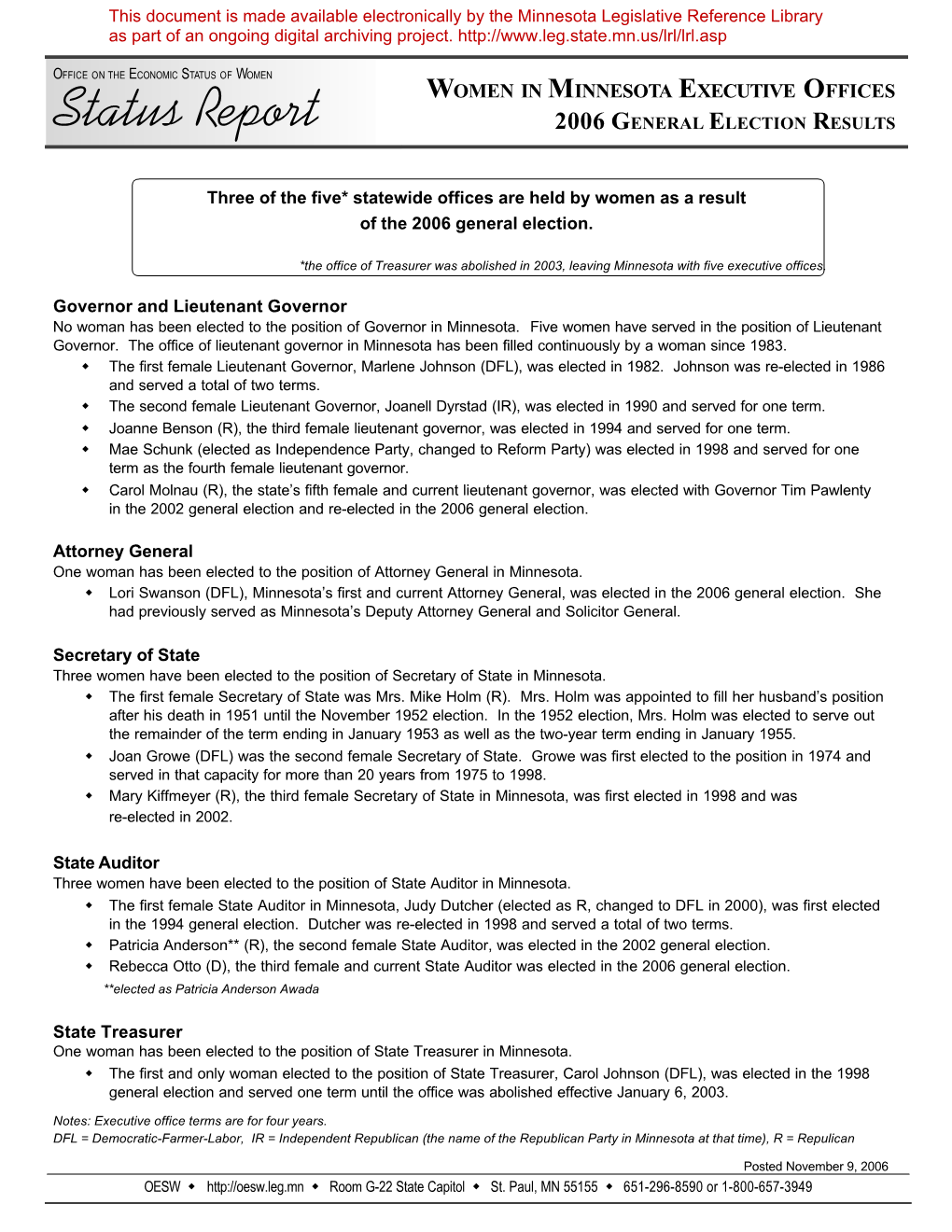 Status Report 2006 GENERAL ELECTION RESULTS