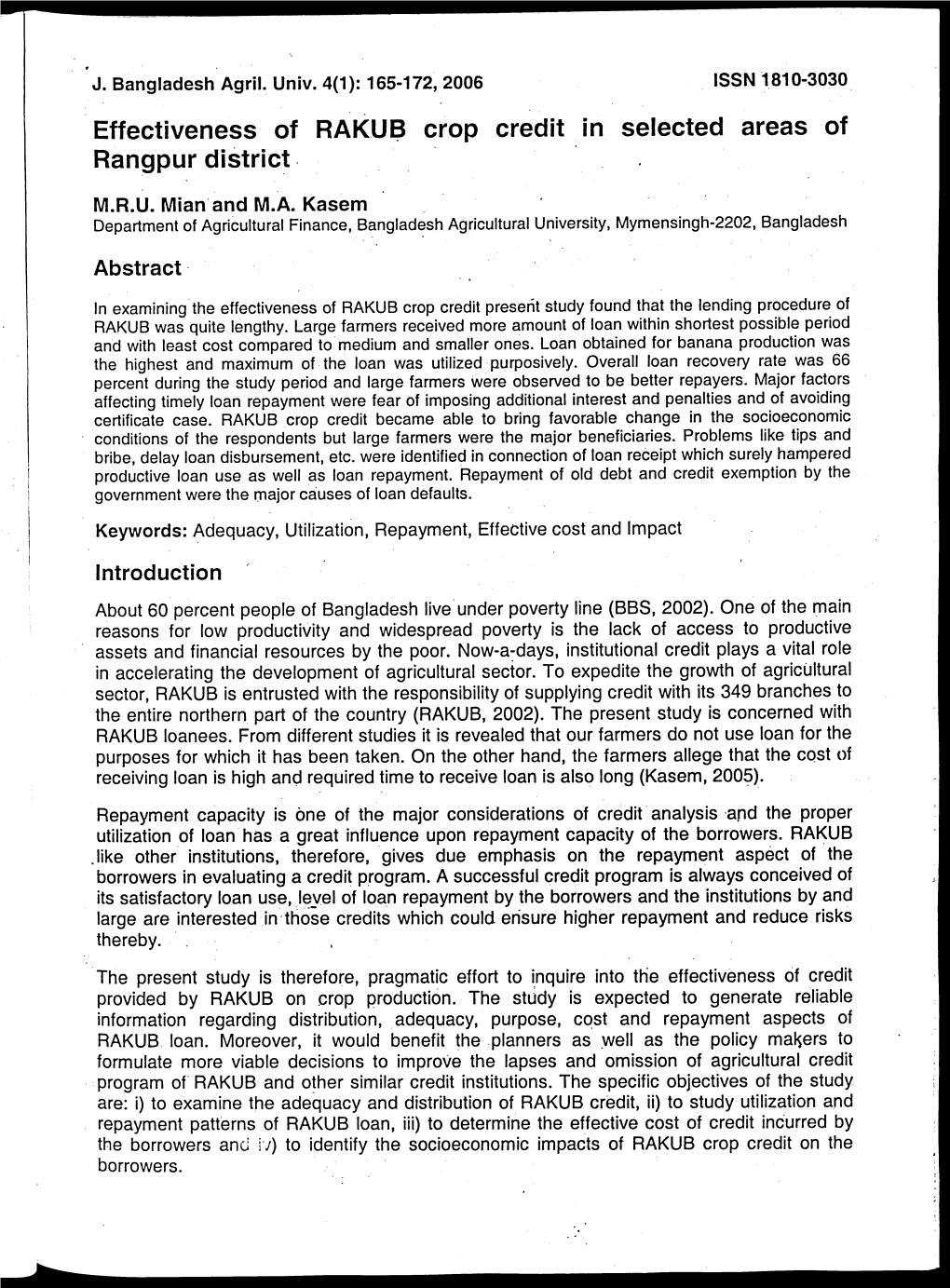 Effectiveness of RAKUB Crop Credit in Selected Areas of Rangpur District