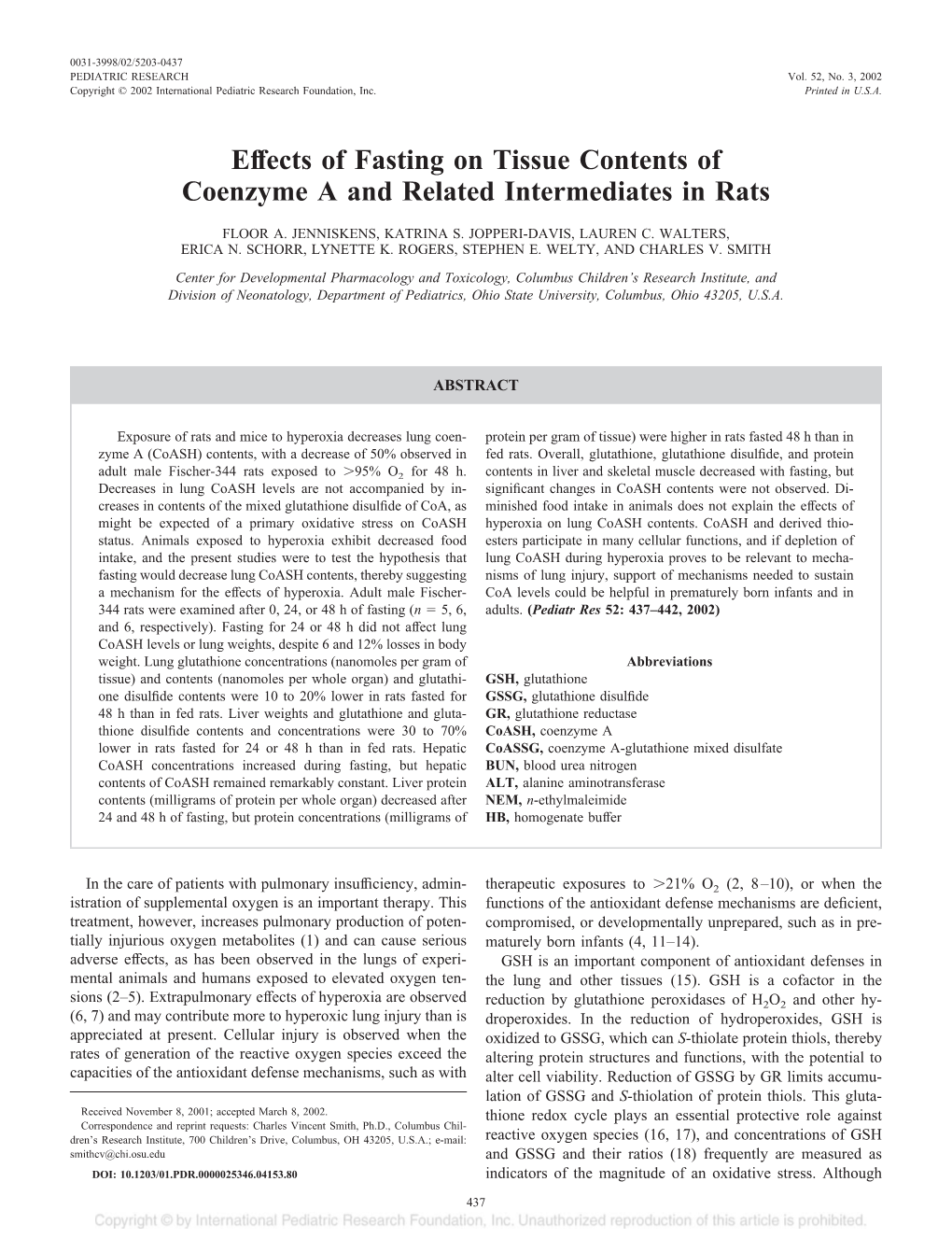 Effects of Fasting on Tissue Contents of Coenzyme a and Related Intermediates in Rats