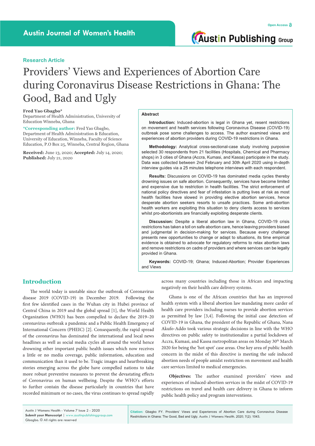 Providers' Views and Experiences of Abortion Care During Coronavirus