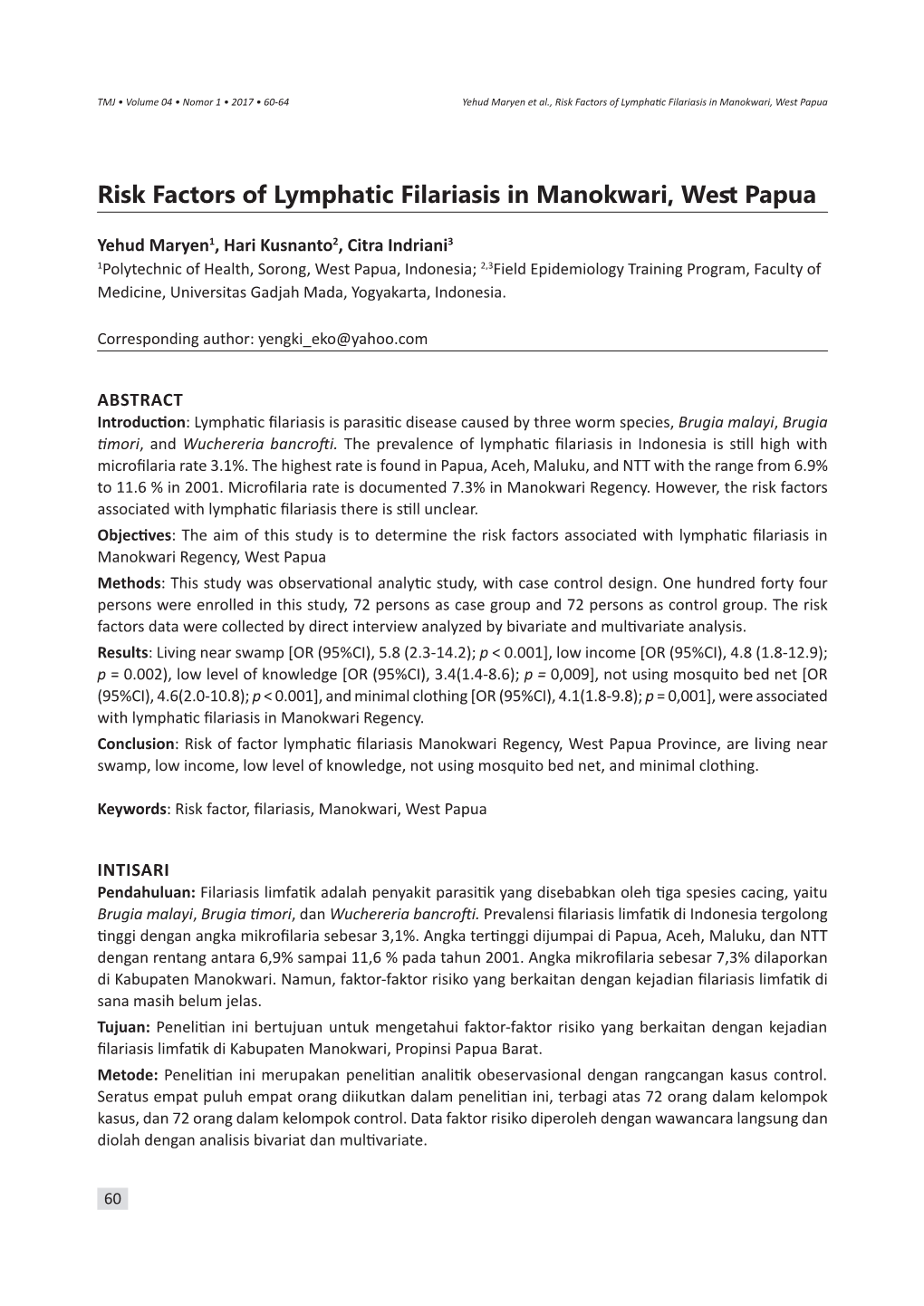 Risk Factors of Lymphatic Filariasis in Manokwari, West Papua