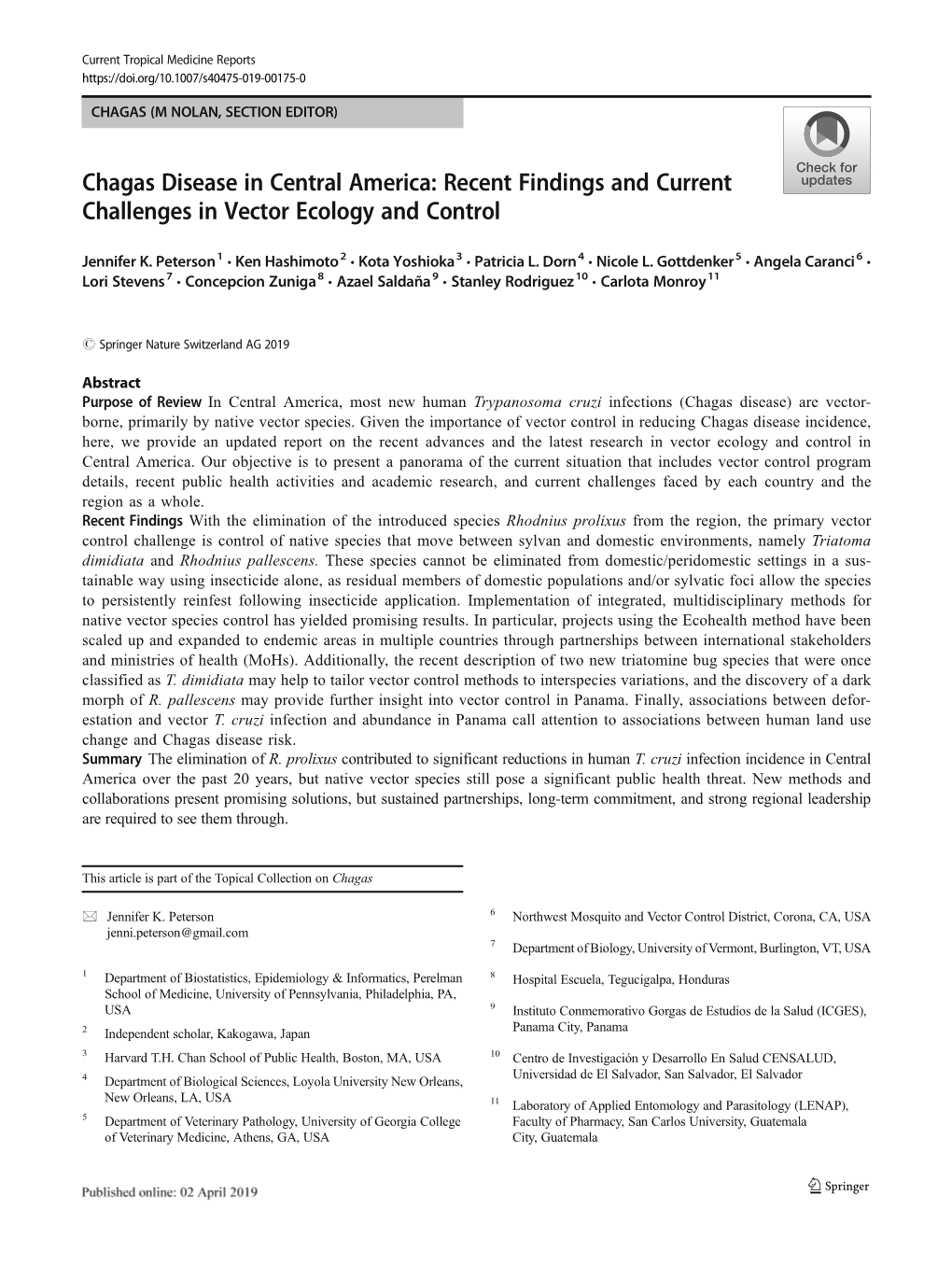 Chagas Disease in Central America: Recent Findings and Current Challenges in Vector Ecology and Control