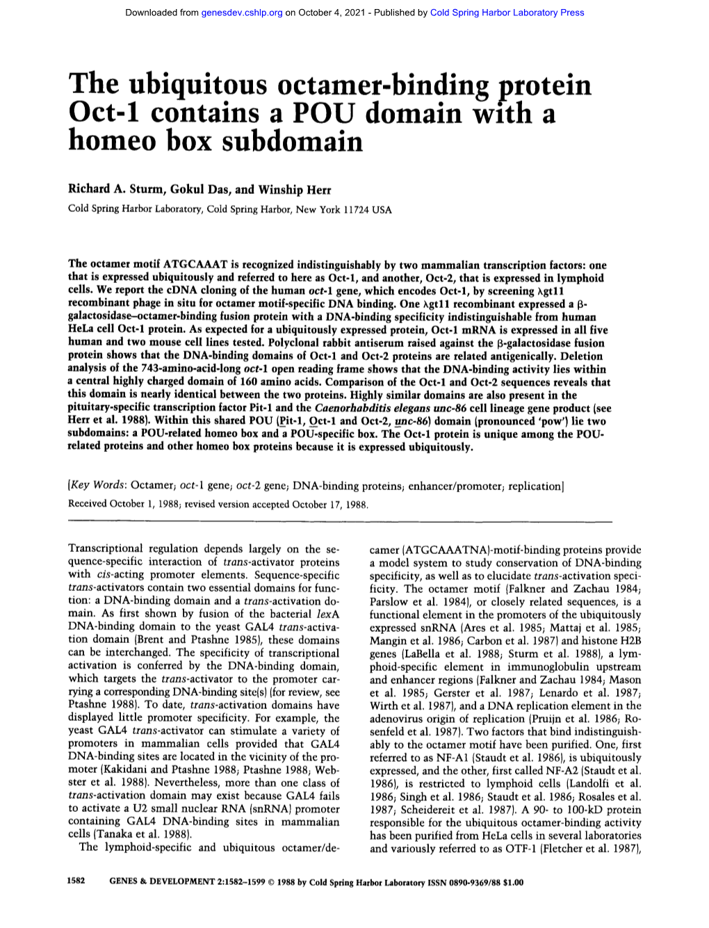 The Ubiquitous Octamer-Binding Protein Oct-1 Contains a POU Domain with a Homeo Box Subdomain