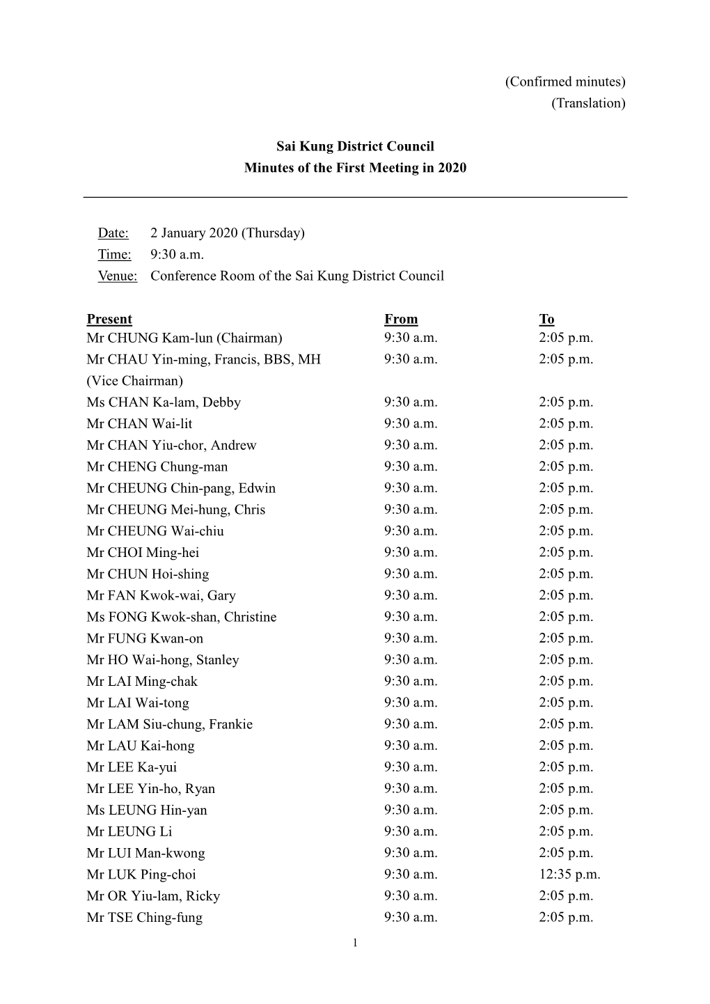 Sai Kung District Council Minutes of the First Meeting in 2020 Date