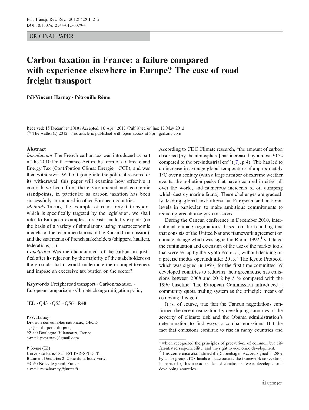Carbon Taxation in France: a Failure Compared with Experience Elsewhere in Europe? the Case of Road Freight Transport