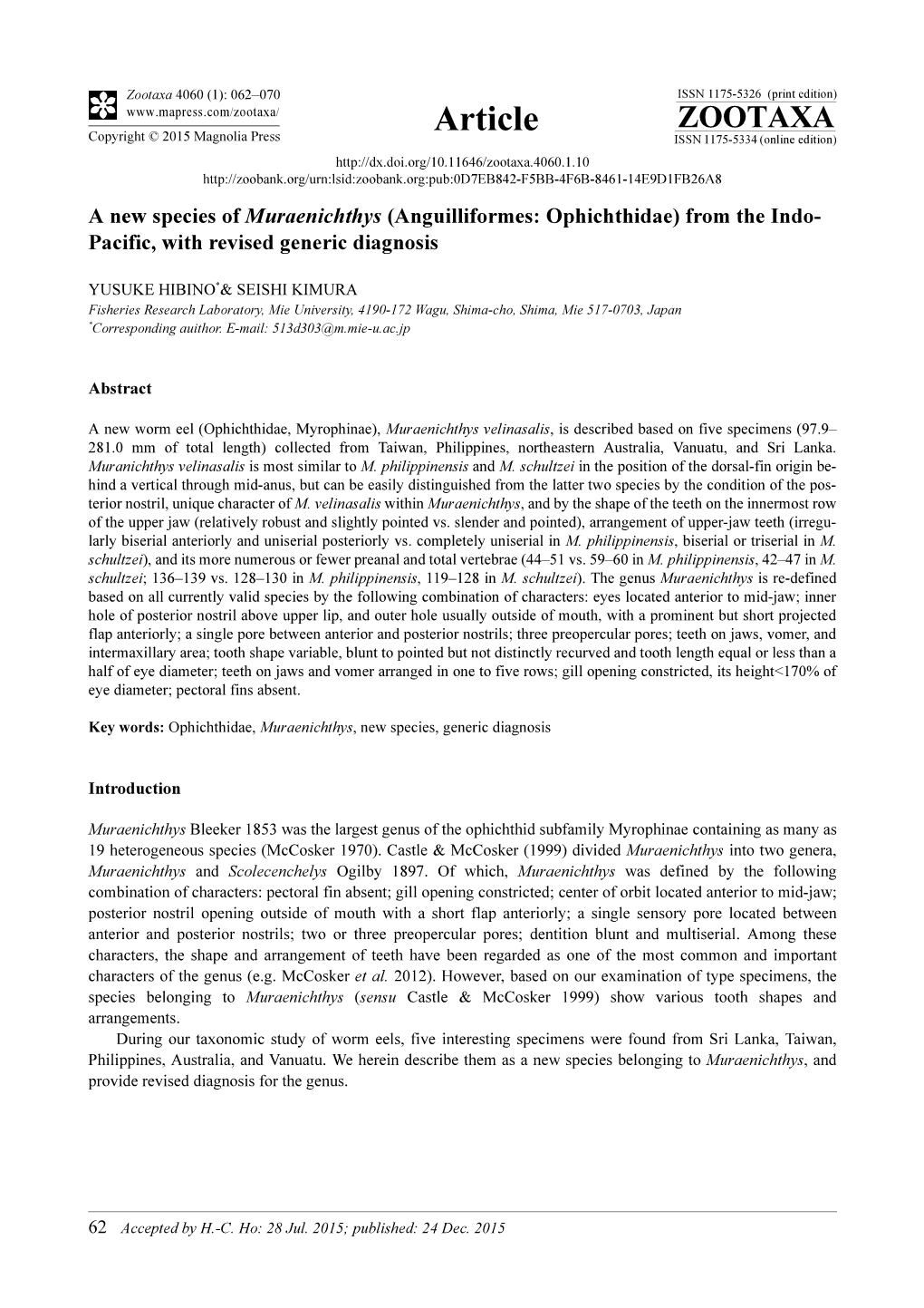 Anguilliformes: Ophichthidae) from the Indo- Pacific, with Revised Generic Diagnosis