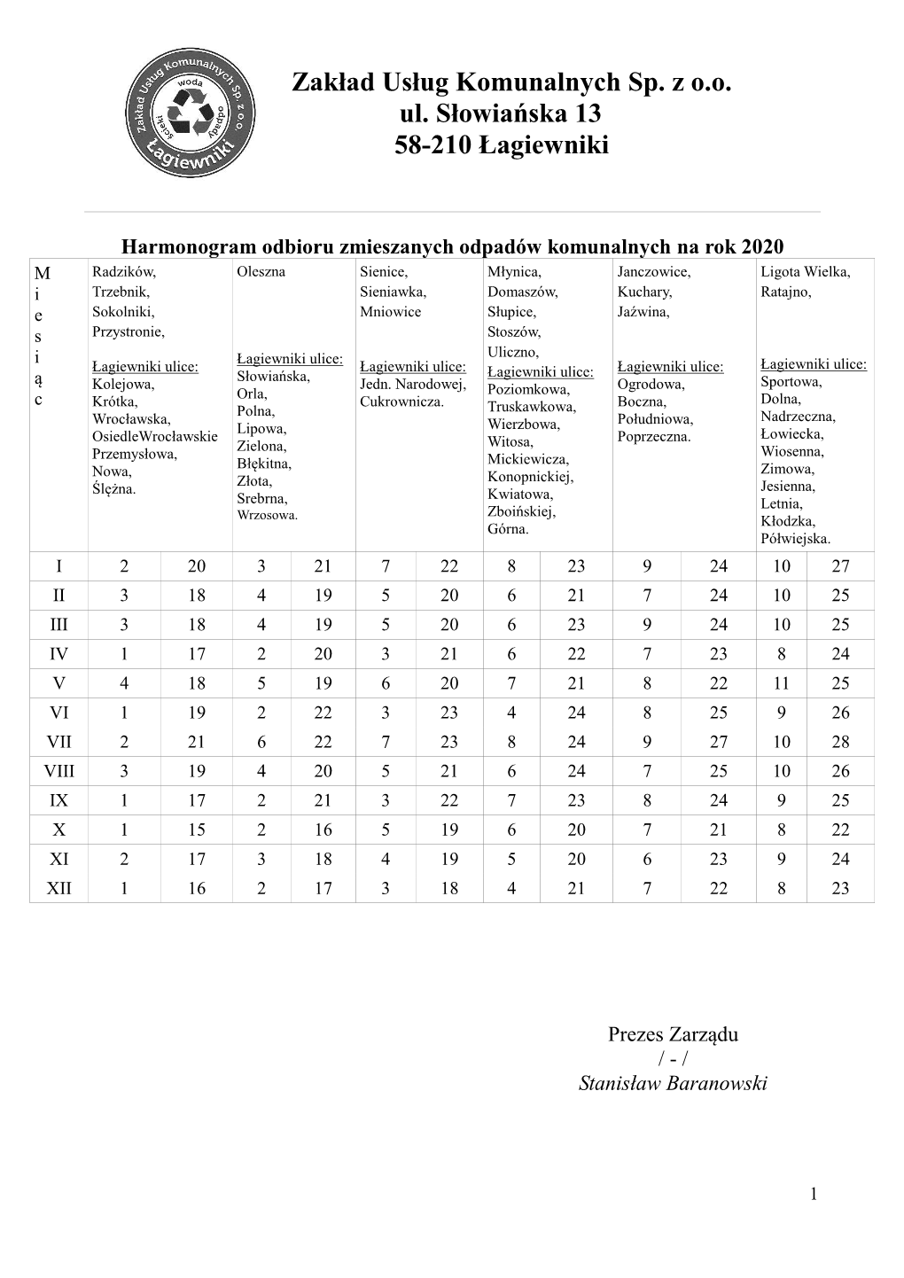 Harmonogram Odbioru Odpadów Komunalnych W Gminie Łagiewniki