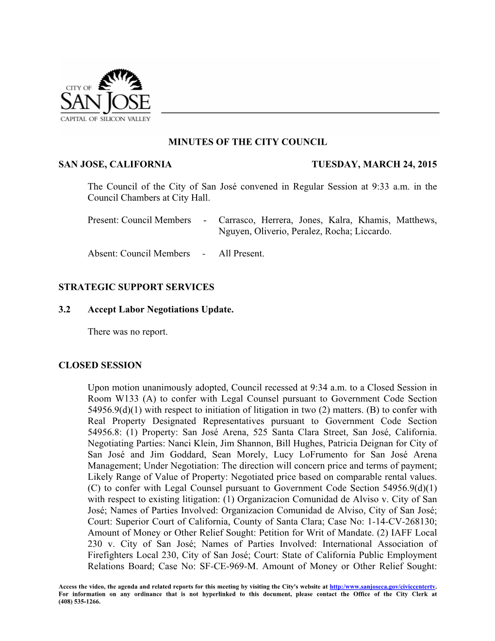 Minutes of the City Council San Jose, California