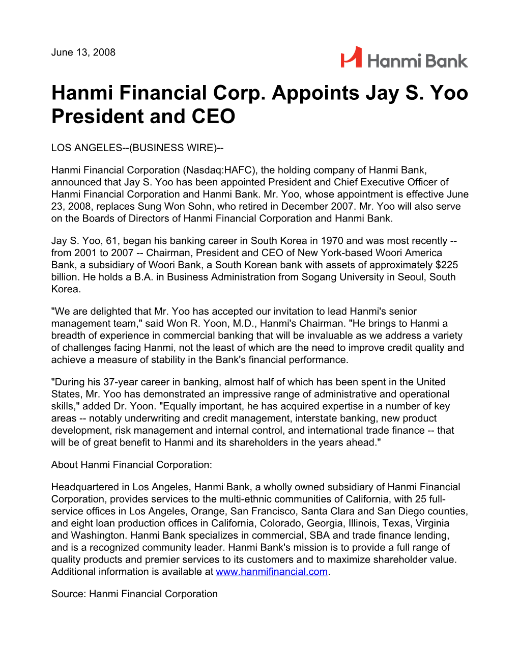 Hanmi Financial Corp. Appoints Jay S. Yoo President and CEO