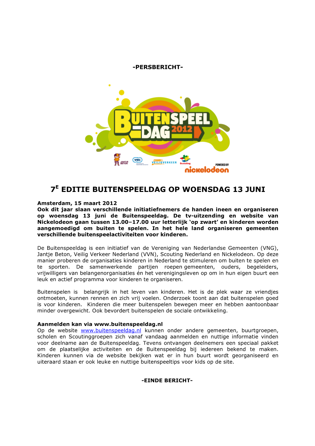 PERSBERICHT 7E Editie Buitenspeeldag Op Woensdag 13 Juni