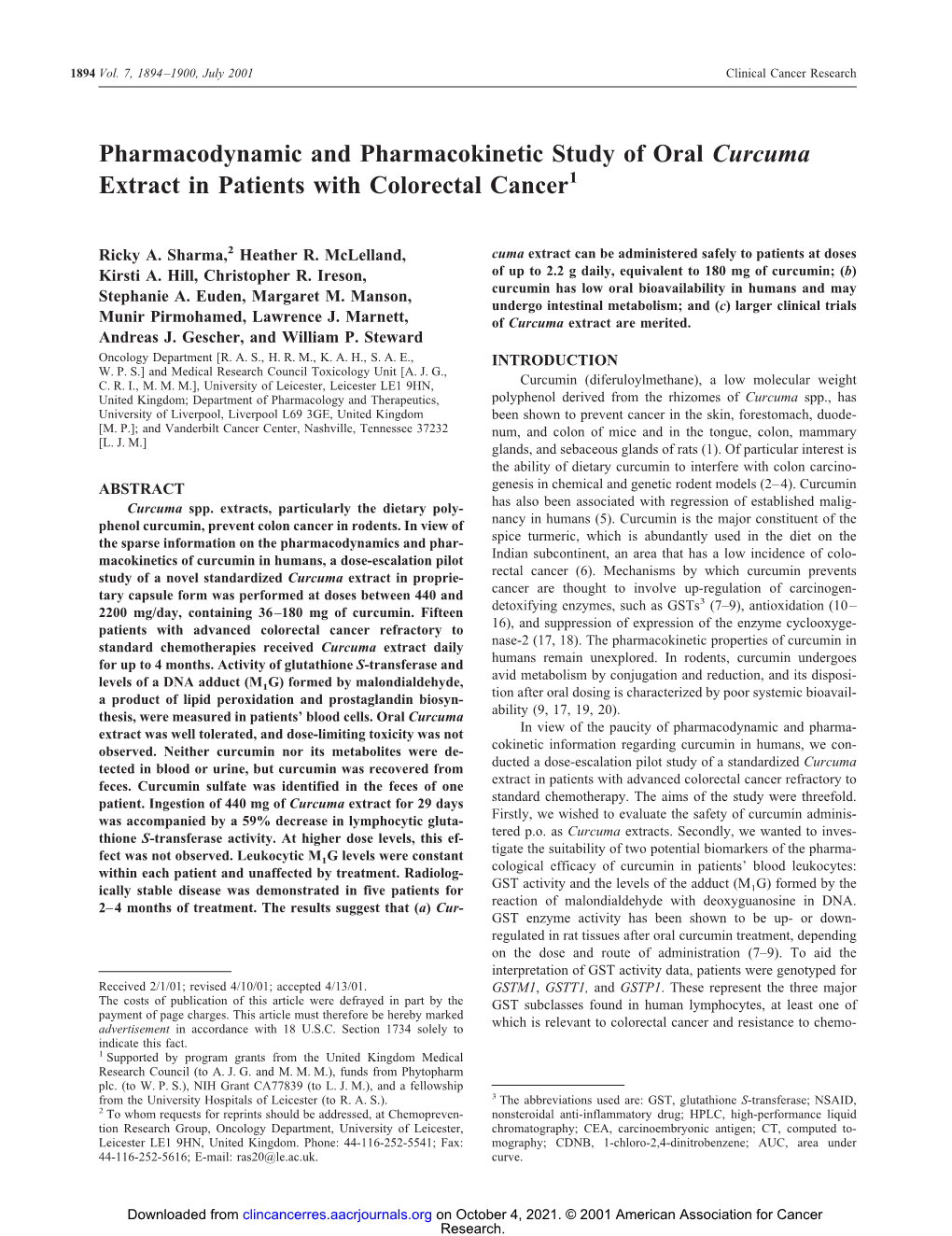Pharmacodynamic and Pharmacokinetic Study of Oral Curcuma Extract in Patients with Colorectal Cancer1