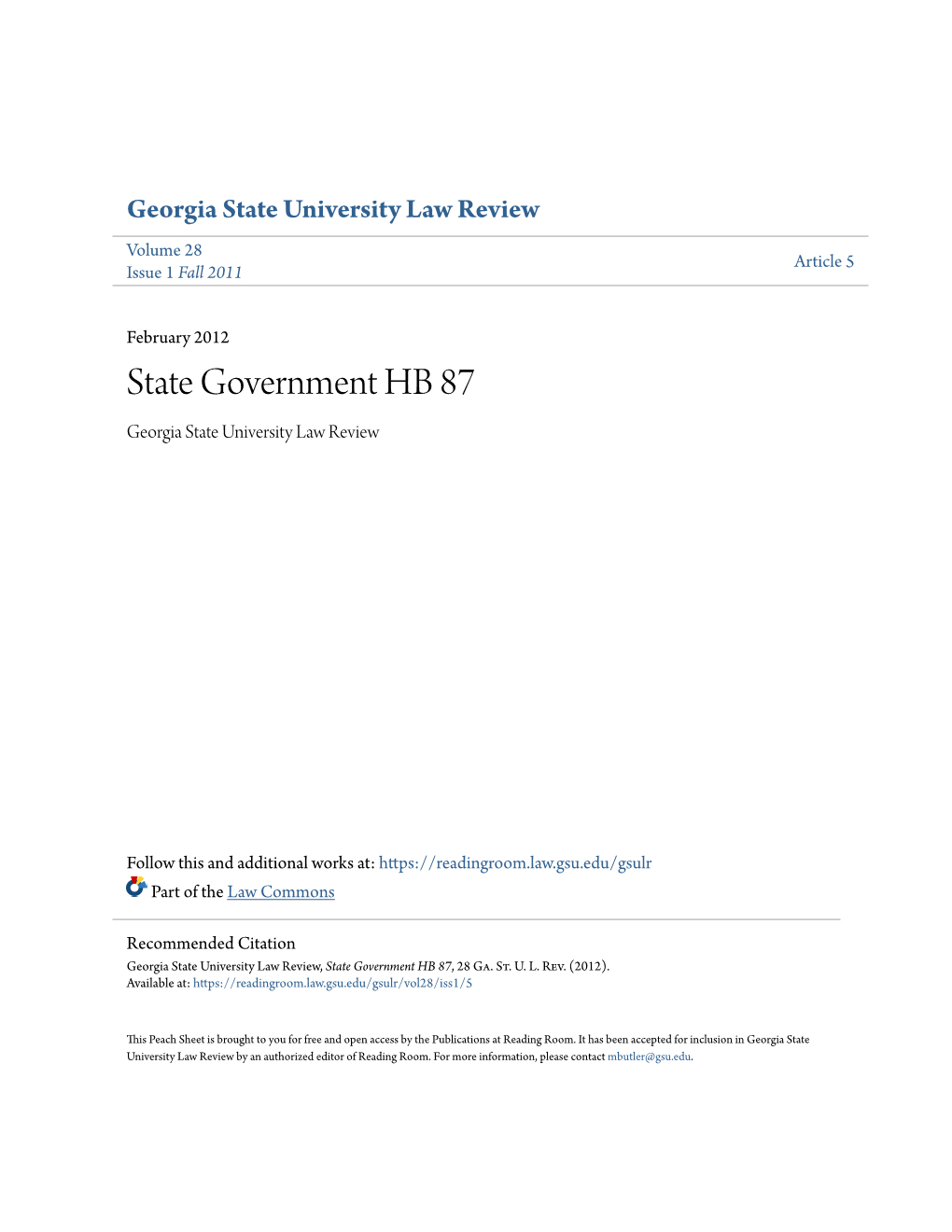 State Government HB 87 Georgia State University Law Review