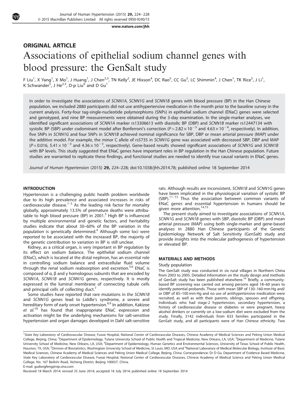 Associations of Epithelial Sodium Channel Genes with Blood Pressure: the Gensalt Study