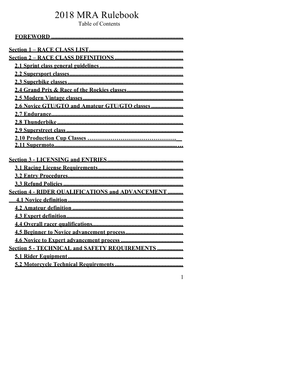 2018 MRA Rulebook Table of Contents