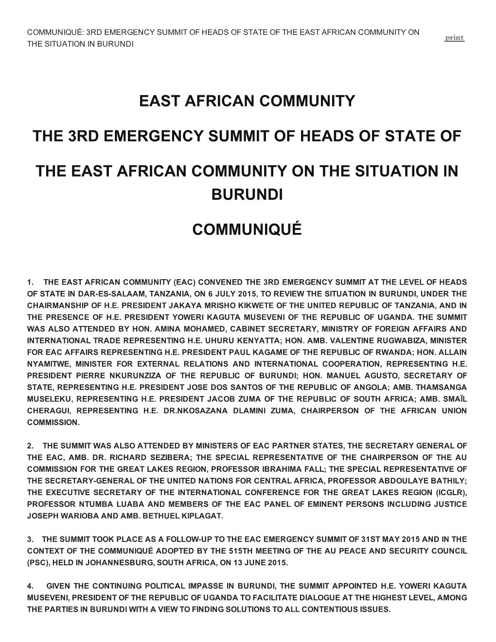 East African Community the 3Rd Emergency Summit of Heads of State