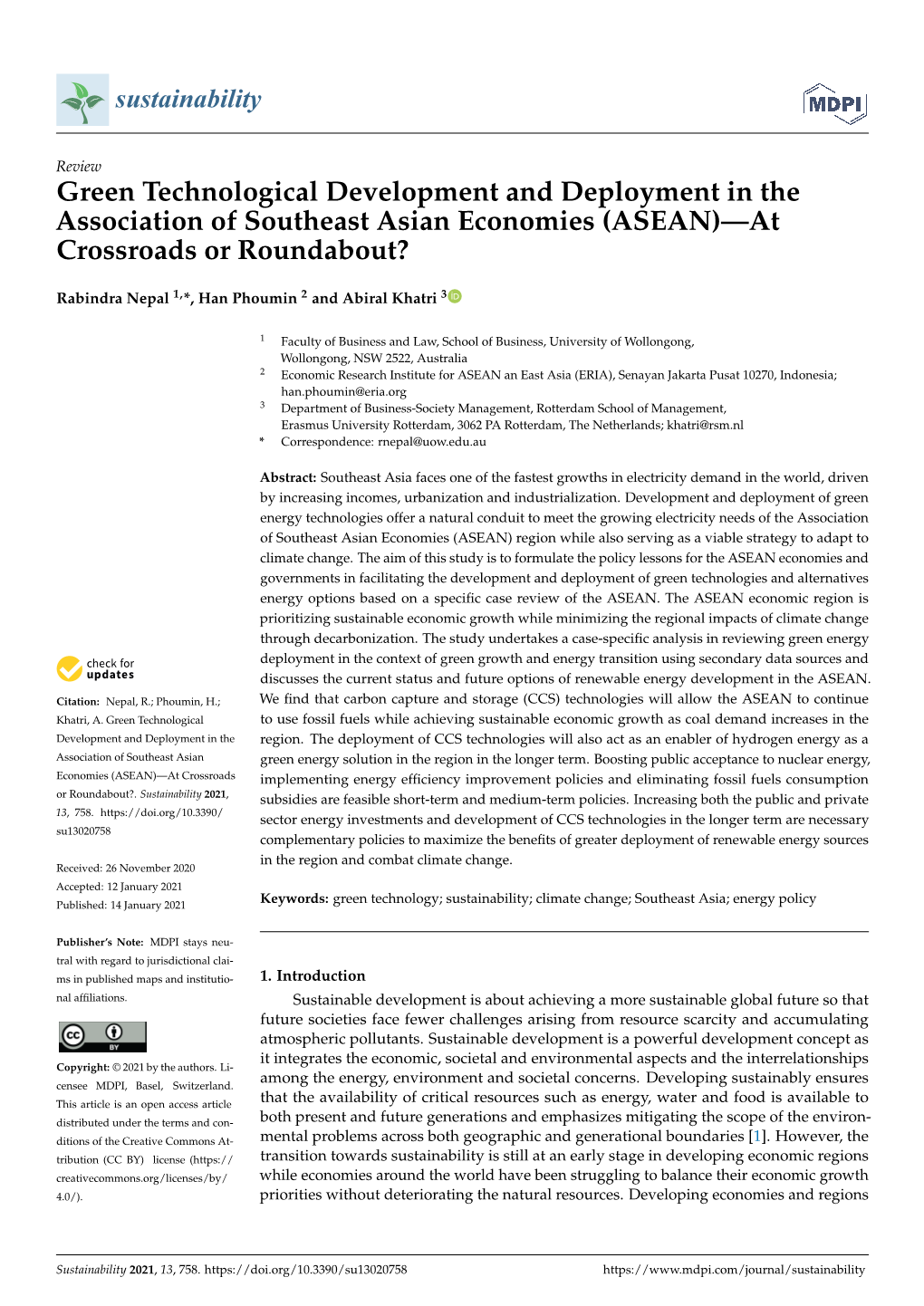 Green Technological Development and Deployment in the Association of Southeast Asian Economies (ASEAN)—At Crossroads Or Roundabout?
